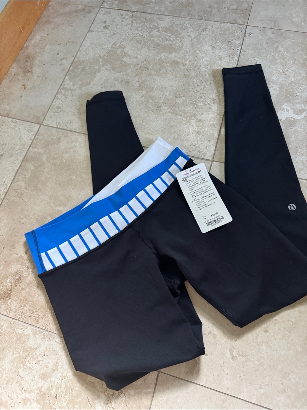 lululemon athletica Black Leggings with Blue and White Striped Waistband